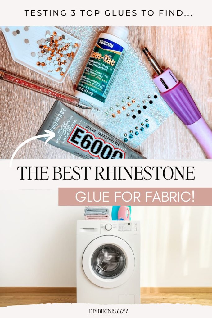 3 different types of glue on a table with rhinestones and a washing machine below